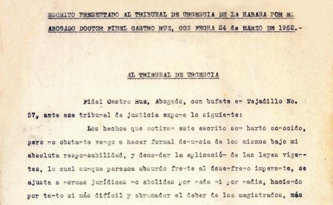 Facsímil del recurso presentado por Fidel ante el Tribunal de Urgencias, el 24 de marzo de 1952, donde denuncia la inconstitucionalidad del golpe de Estado llevado a cabo por Fulgencio Batista, el 10 de marzo de 1952