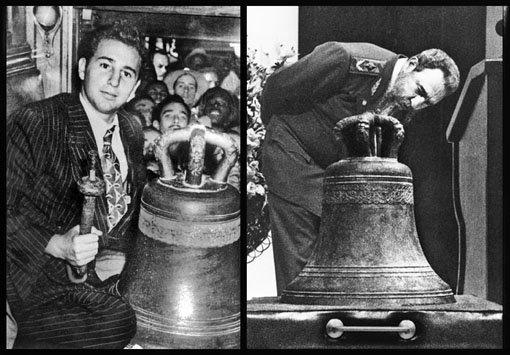 Fidel ante la campana de La Demajagua en dos momentos.