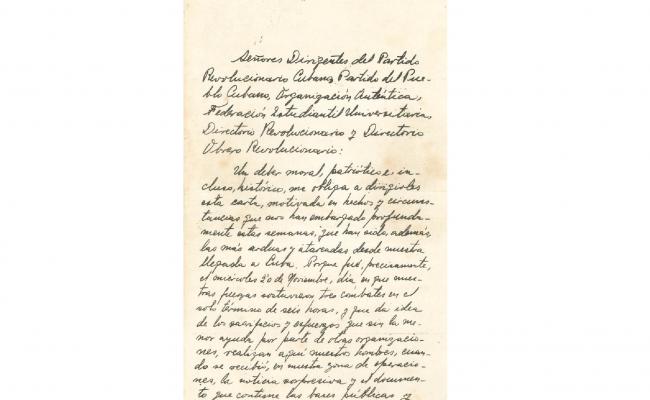 Carta a los firmantes del Pacto de Miami, el 14 de diciembre 1957, donde se denuncia, en una carta pública, el denominado Pacto de Miami, que pone en peligro el futuro de la Revolución