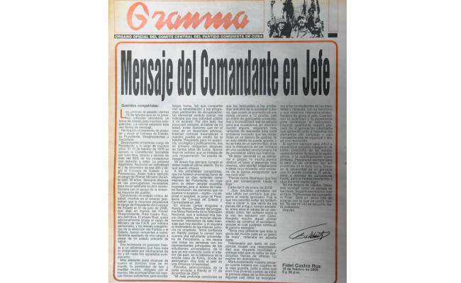 Portada del periódico Granma que presenta la primera de las reflexiones que escribe Fidel, con el título “Condenados a muerte prematura por hambre y sed más de 3mil millones de personas en el mundo”