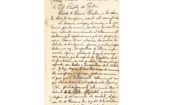 Fidel Castro redacta el "Manifiesto al pueblo de Cuba", donde enumera los hechos más importantes del destacamento guerrillero y denuncia el bombardeo indiscriminado a la Sierra, el asesinato de campesinos, la quema de casas y la expulsión en masa de los pobladores